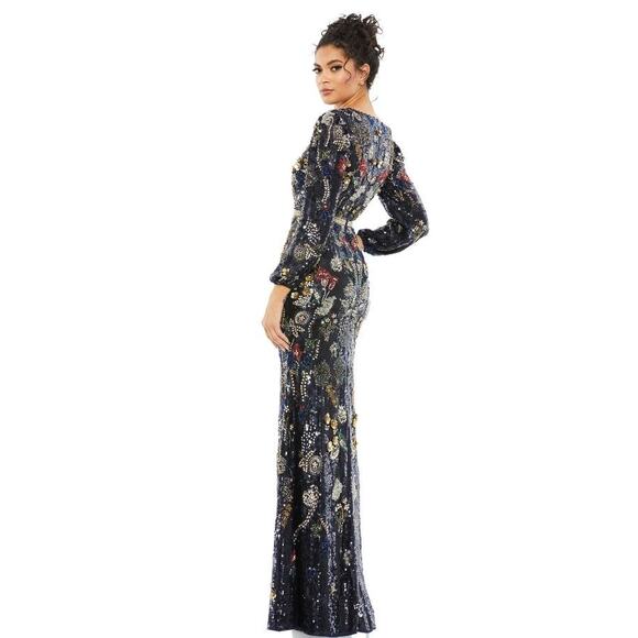 NWT Mac Duggal Embellished Wrap Over Bishop Sleeve Gown Midnight Multi Size 10 - Picture 3 of 11